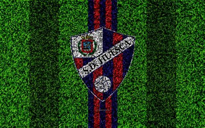 SD Huesca, logo, 4k, football lawn, Spanish football club, LaLiga2, red blue lines, grass texture, Segunda, Division B, Huesca, Spain, football, Huesca FC