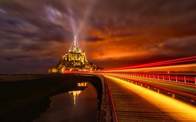 Mont Saint-Michel, 4k, paesaggi notturni, isola, Normandia, Francia, Europa