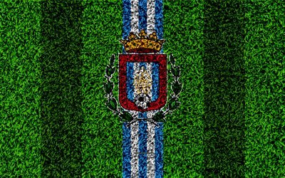 Lorca FC, logo, 4k, football lawn, Spanish football club, LaLiga2, white blue lines, grass texture, Segunda, Division B, Lorca, Spain, football