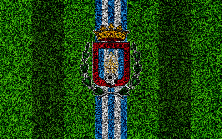 Lorca FC, logo, 4k, football de la pelouse, le club de football espagnol, LaLiga2, blanc bleu des lignes, de l&#39;herbe, de la texture, de Segunda Division B, Lorca, Espagne, football