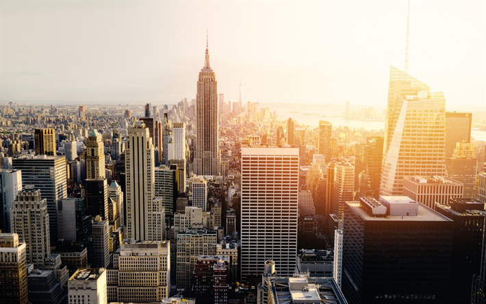 New York, skyskrapor, metropol, sunset, kv&#228;ll, Empire State Building, USA, business center