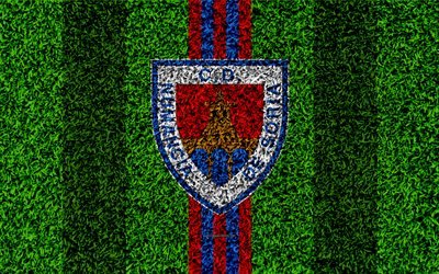 CD Numancia, logo, 4k, football lawn, Spanish football club, LaLiga2, red blue lines, grass texture, Segunda, Division B, Soria, Spain, football, Numancia FC