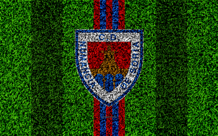 CD Numancia, logo, 4k, jalkapallo nurmikko, Espanjan football club, LaLiga2, punainen sininen linjat, ruohon rakenne, Toinen, Divisioonan B, Soria, Espanja, jalkapallo, Numancia FC