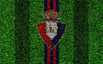 CA Osasuna, logo, 4k, football lawn, Spanish football club, LaLiga2, red blue lines, grass texture, Segunda, Division B, Pamplona, Spain, football, Osasuna FC