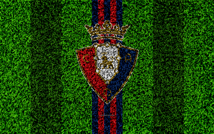 CA Osasuna, logo, 4k, jalkapallo nurmikko, Espanjan football club, LaLiga2, punainen sininen linjat, ruohon rakenne, Toinen, Divisioonan B, Pamplona, Espanja, jalkapallo, Osasuna FC