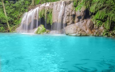 lago blu, cascata, foresta pluviale, Thailandia, alberi, acqua blu