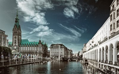 Hamburgo, 4k, arquitetura antiga, rio, Alemanha, Europa