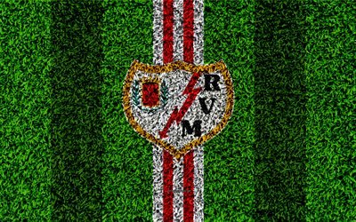 FC Rayo Vallecano, logo, 4k, football lawn, Spanish football club, LaLiga2, red white lines, grass texture, Segunda, Division B, Madrid, Spain, football