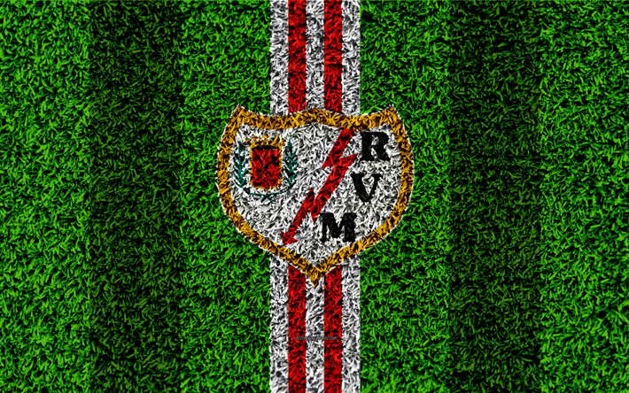 نادي رايو فاليكانو, شعار, 4k, كرة القدم العشب, الاسباني لكرة القدم, LaLiga2, الأحمر خطوط بيضاء, العشب الملمس, الثاني, شعبة ب, مدريد, إسبانيا, كرة القدم
