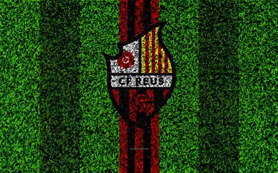 CF Reus Deportiu, logo, 4k, football lawn, Spanish football club, LaLiga2, red black lines, grass texture, Segunda, Division B, Reus, Spain, football, Club de Futbol Reus Deportiu