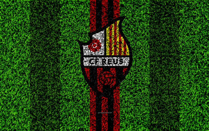 CF Reus Deportiu, logo, 4k, football de la pelouse, le club de football espagnol, LaLiga2, rouge trait noir, la texture de l&#39;herbe, de Segunda Division B, Reus, Espagne, football, Club de Futbol Reus Deportiu