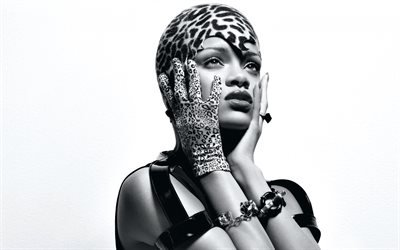 Rihanna, photoshoot, portr&#228;tt, svart och vitt foto, Amerikansk s&#229;ngerska, ansikte, leopard hat, Robin Rihanna Fenty