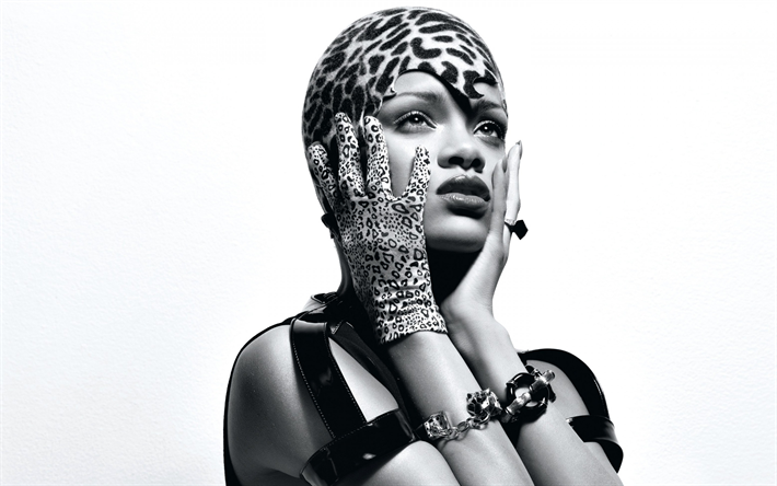 Rihanna, photoshoot, portrait, black and white photo, American singer, face, leopard hat, Robin Rihanna Fenty