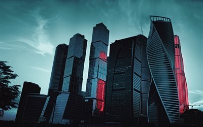 モスクワ市, 4k, 近代ビル, 高層ビル群, ロシア, 暗闇, モスクワ