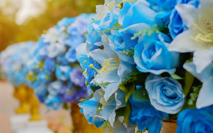 blue roses, floral decorations, wedding flower decorations, roses, lilies, blue flowers