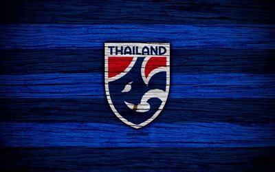 Thailand national football team, 4k, logo, AFC, football, wooden texture, soccer, Thailand, Asia, Asian national football teams, Thailand Football Federation