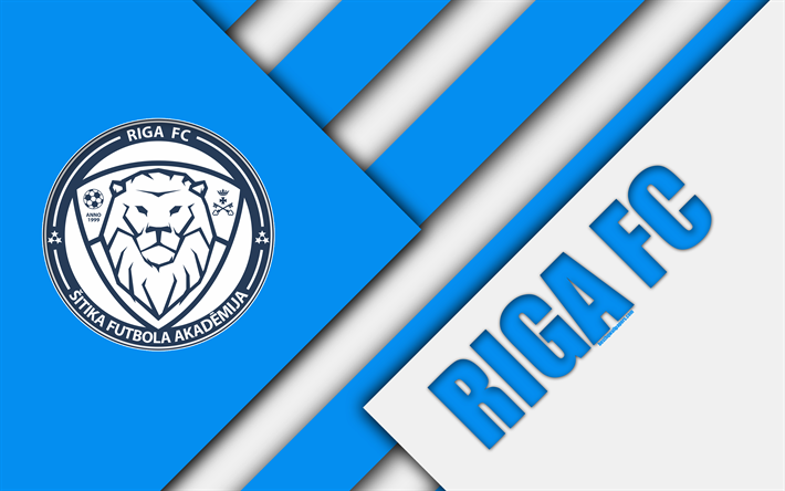 Riga FC, 4k, Latvian football club, logo, material design, emblem, blue white abstraction, SynotTip Virsliga, Riga, Latvia, football