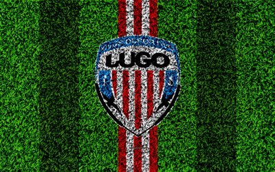 CD Lugo, logo, 4k, football lawn, Spanish football club, LaLiga2, red white lines, grass texture, Segunda, Division B, Lugo, Spain, football, Lugo FC