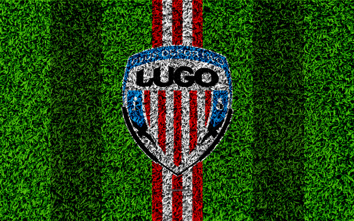 CD Lugo, logo, 4k, football lawn, Spanish football club, LaLiga2, red white lines, grass texture, Segunda, Division B, Lugo, Spain, football, Lugo FC