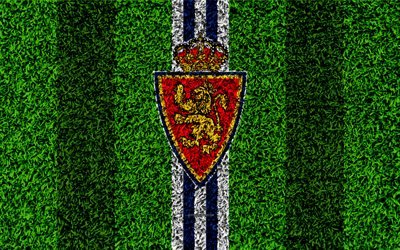 Real Zaragoza, logo, 4k, football lawn, Spanish football club, LaLiga2, blue white lines, grass texture, Segunda, Division B, Zaragoza, Spain, football, Zaragoza FC
