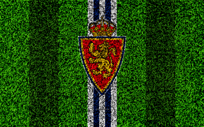 El Real Zaragoza, el logotipo de 4k, f&#250;tbol de c&#233;sped, club de f&#250;tbol espa&#241;ol, LaLiga2, azul, blanco, l&#237;neas, hierba de la textura, de la Segunda Divisi&#243;n B, Zaragoza, Espa&#241;a, f&#250;tbol, Zaragoza FC