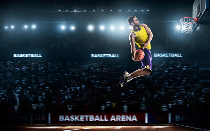 baloncesto, conceptos, estadio de baloncesto, partido, atleta, slekm dunk, jugador de baloncesto en el aire