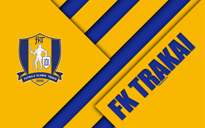 FK Trakai, 4k, logo, lituano football club, giallo, blu astrazione, material design, Un Lyga, Trakai, Lituania, di calcio, di Trakai FC