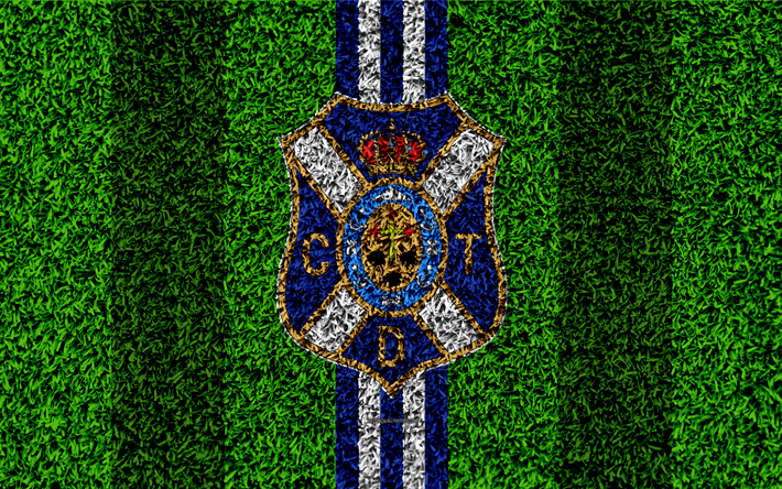 El CD Tenerife, logotipo, 4k, f&#250;tbol de c&#233;sped, club de f&#250;tbol espa&#241;ol, LaLiga2, azul y l&#237;neas blancas, hierba de la textura, de la Segunda Divisi&#243;n B, Santa Cruz de Tenerife, Espa&#241;a, f&#250;tbol, Tenerife FC