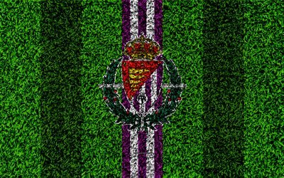 Real Valladolid CF, logo, 4k, football lawn, Spanish football club, LaLiga2, purple white lines, grass texture, Segunda, Division B, Valladolid, Spain, football, Valladolid FC