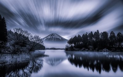 Fuji, Fujiyama, mountain, stratovolcano, night, lake, Honshu, Japan