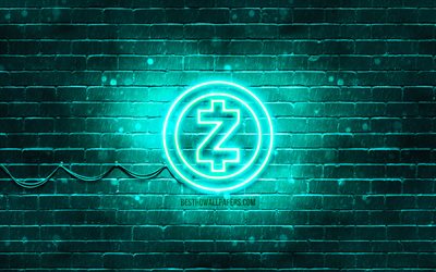 Zcash turchese logo, 4k, turchese, brickwall, Zcash logo, cryptocurrency, Zcash neon logo, cryptocurrency segni, Zcash