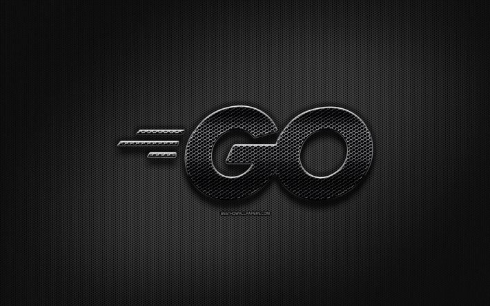 Go black logo, programming language, grid metal background, Go, artwork, creative, programming language signs, Go logo