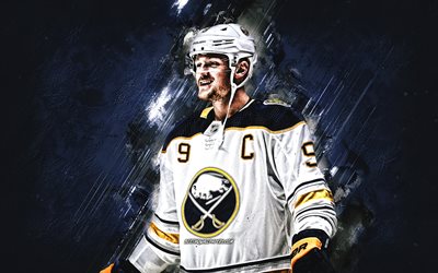 jack eichel, buffalo sabres, nhl, portr&#228;t, amerikanischer eishockeyspieler, usa, hockey, blue stone background