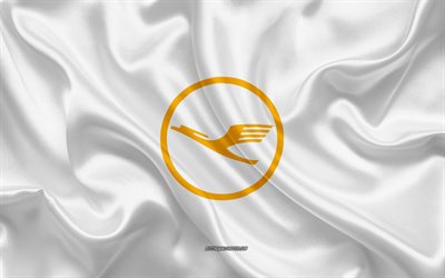 A Lufthansa logotipo, companhia a&#233;rea, de seda branca de textura, companhia a&#233;rea logotipos, A Lufthansa emblema, seda de fundo, seda bandeira, A Lufthansa