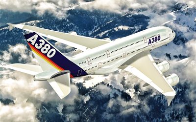 エアバスA380, 冬, 青空, 飛行A380, 旅客機, エアバス社, A380, HDR