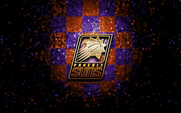 Phoenix Suns, glitter logo, NBA, orange violet checkered background, USA, american basketball team, mosaic art, basketball, America