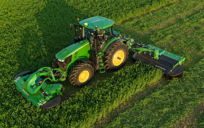 John Deere 7290 R, Agricultural tractor, top view, Grass Harvesting, modern tractors, John Deere