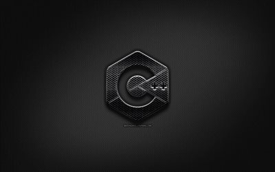 C Plus Plus black logo, programming language, grid metal background, C Plus Plus, artwork, creative, programming language signs, C Plus Plus logo