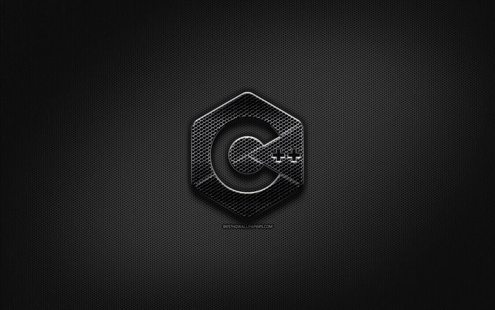 C Plus Plus black logo, programming language, grid metal background, C Plus Plus, artwork, creative, programming language signs, C Plus Plus logo