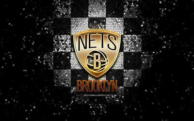 Brooklyn Nets, glitter logo, NBA, black white checkered background, USA, american basketball team, mosaic art, basketball, America