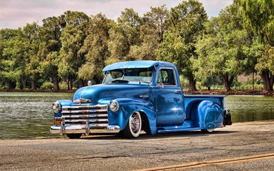 Chevrolet 3100, HDR, retro cars, 1952 cars, tuning, low rider, blue pickup, 1952 Chevrolet 3100, american cars, Chevrolet