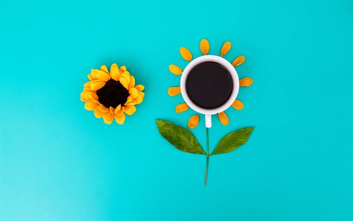 God Morgon, kreativa solrosor, minimal, eller koncept, blommig konst, kopp med kaffe, God Morgon begrepp