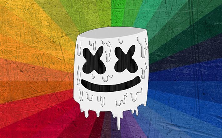 Marshmello Helmet, grunge art, music stars, DJ Marshmello, Christopher Comstock, rainbow rays, Abstract Marshmello, superstars, creative, fan art, Marshmello