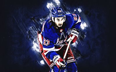 Mika Zibanejad, New York Rangers, NHL, swedish hockey player, portrait, blue stone background, National Hockey League, hockey