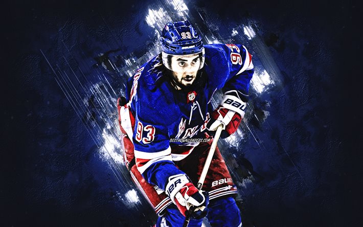 Mika Zibanejad, New York Rangers, NHL, ruotsalainen j&#228;&#228;kiekkoilija, muotokuva, sininen kivi tausta, National Hockey League, j&#228;&#228;kiekko
