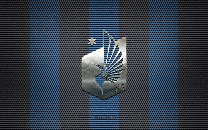 Minnesota United FC logosu, Amerikan Futbol Kul&#252;b&#252;, metal amblem, mavi-siyah metal mesh arka plan, Minnesota United FC, NHL, St Paul, Minnesota, ABD, futbol