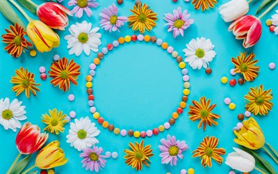 colorful flowers frame, 4k, floral concepts, floral frames, blue backgrounds, spring flowers, colorful floral frame, flowers frames, background with flowers