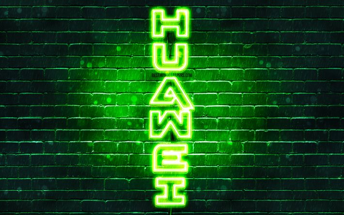 4K, Huawei green logo, vertical text, green brickwall, Huawei neon logo, creative, Huawei logo, artwork, Huawei