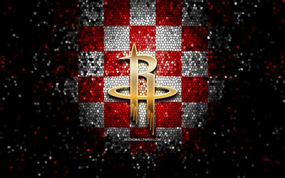 Houston Rockets, glitter logo, NBA, red white checkered background, USA, american basketball team, Houston Rockets logo, mosaic art, basketball, America