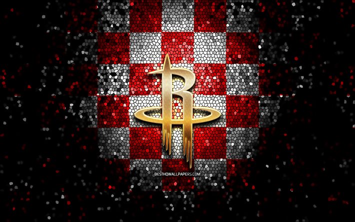 Houston Rockets, glitter logotipo, NBA, vermelho branco fundo quadriculado, EUA, americana time de basquete, Houston Rockets logotipo, arte em mosaico, basquete, Am&#233;rica